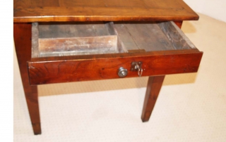 French Antique Cherry Farmhouse Table C 1810, end drawer with old lock and key