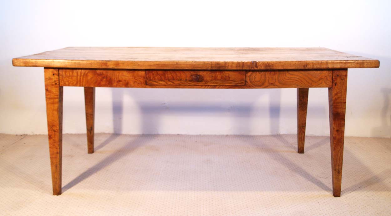 French Antique Ash Farmhouse Table with Side Drawer
