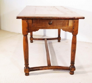 French antique cherry farmhouse table with crinolin stretchers drawer elevation