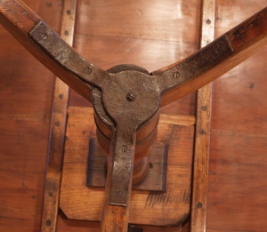 French antique cherry gueridon tilt top pedestal table hand forged leg straps