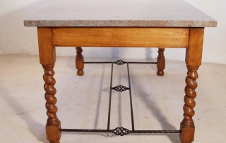 English Vintage Stone Top Farmhouse Dining Table, end