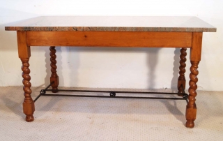 English Vintage Stone Top Farmhouse Dining Table, side
