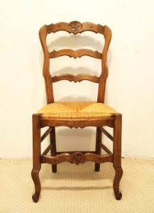 6 French vintage oak carved chairs with rush seats front