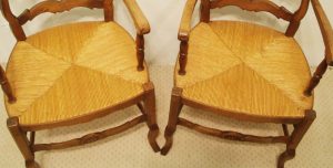Pair French vintage fauteuilsrush seats